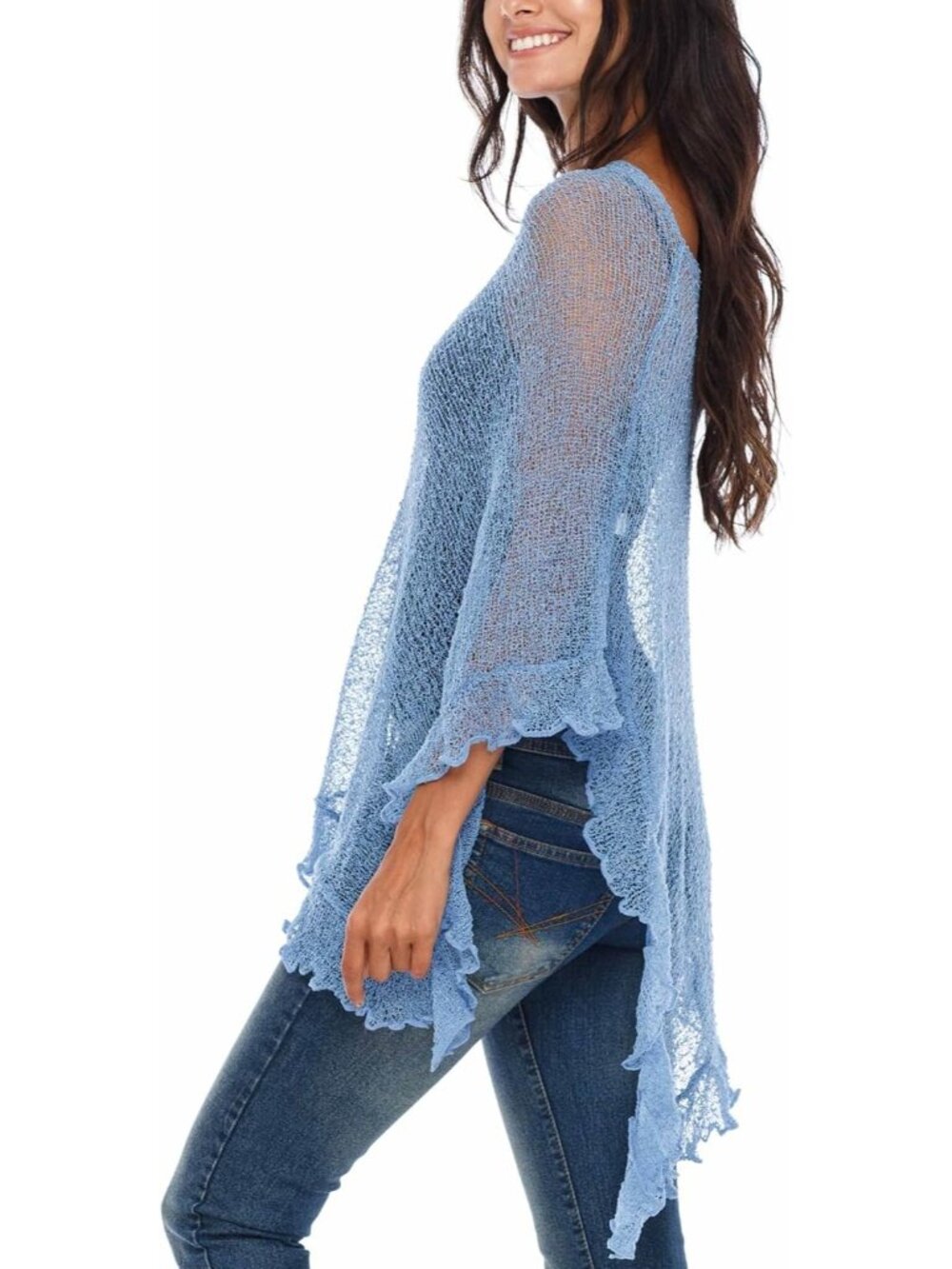 Women’s Baby Blue Sheer Knit Poncho Shrug Lightweight Asymmetrical Ruffle Wraps - Picture 4 of 5